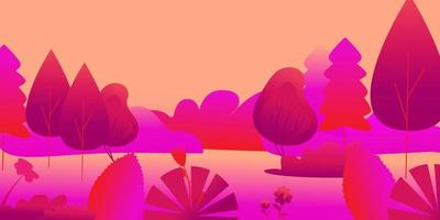 Abstract multicolored fantasy forest with river, fairy tale forest in flat design, beautiful vector illustrator