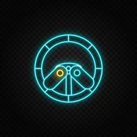 Racing game, driving, wheel neon icon. Blue and yellow neon vector icon. Vector transparent background