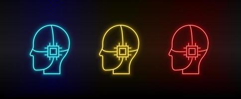 Neon icons. drive internal intelligence brain chip. Set of red, blue, yellow neon vector icon on darken background