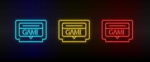 Neon icons. Game cartridge retro arcade. Set of red, blue, yellow neon vector icon on darken background