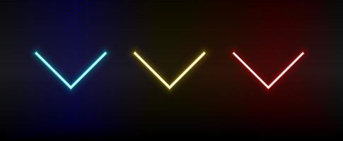 Neon icons. Ui arrow. Set of red, blue, yellow neon vector icon on darken background