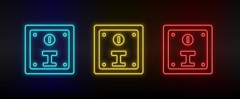 Neon icons. Coin slot retro arcade. Set of red, blue, yellow neon vector icon on darken background