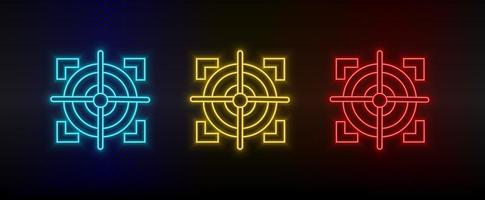 Neon icons. Target sniper objective. Set of red, blue, yellow neon vector icon on darken background