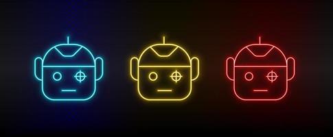 Neon icons. robot scanning smart security. Set of red, blue, yellow neon vector icon on darken background