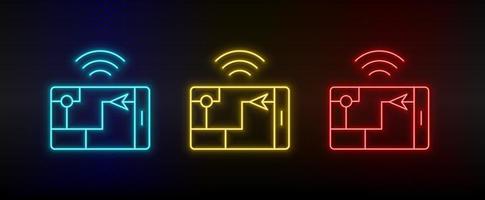 Neon icons. gps smart location. Set of red, blue, yellow neon vector icon on darken background