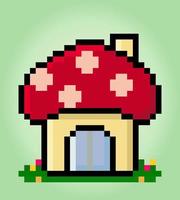 8 bit pixel mushroom house. Building for game assets and cross stitch patterns in vector illustrations.