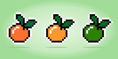8 bit pixel of orange. Citrus Fruits for game assets and cross stitch patterns in vector illustrations.