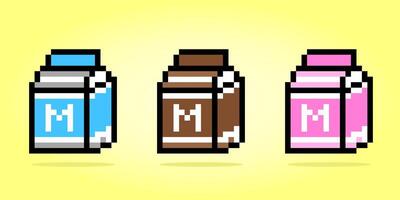 8 bit pixel a box milk. Drinks for game assets and cross stitch patterns in vector illustrations.