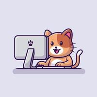 Cute Cat Operating Computer Cartoon Vector Icon Illustration. Animal Technology Icon Concept Isolated Premium Vector. Flat Cartoon Style