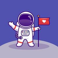 astronauta aterrizando en la luna sosteniendo la ilustración del icono del vector de dibujos animados de la bandera. concepto de icono de tecnología espacial vector premium aislado. estilo de dibujos animados plana