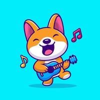Cute Corgi Playing Guitar Cartoon Vector Icon Illustration. Animal Music Icon Concept Isolated Premium Vector. Flat Cartoon Style