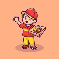 mensajero con ilustración de icono de vector de dibujos animados de caja de pizza. concepto de icono de comida de personas vector premium aislado. estilo de dibujos animados plana