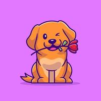 lindo perro con ilustración de icono de vector de dibujos animados de rosa. concepto de icono de flor animal vector premium aislado. estilo de dibujos animados plana