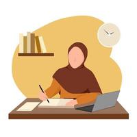 ilustración de una mujer musulmana estudiando. escribiendo en el cuaderno vector