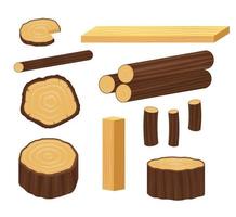 Planks from trees and different wood elements for production industry. Wooden plank material, log and trunk illustration vector