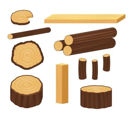 Planks from trees and different wood elements for production industry. Wooden plank material, log and trunk illustration