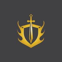 Gold Sword War Defend Logo Vector Illustration With black Background