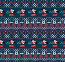 Knitted Christmas and New Year pattern in bullfinch. Wool Knitting Sweater Design. Wallpaper wrapping paper textile print. Eps 10 vector