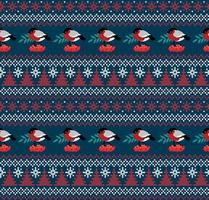 Knitted Christmas and New Year pattern in bullfinch. Wool Knitting Sweater Design. Wallpaper wrapping paper textile print. Eps 10 vector