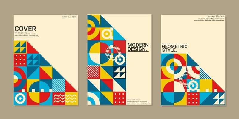 Colorful neo geometric cover. Grid with color geometrical shapes. Set of modern abstract pattern background vector illustrations. bauhaus style template