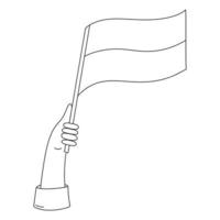 Hand holding flag. Vector contour drawing icon. black line art isolated on white background. Black and white outline illustration