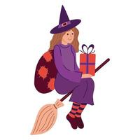 Cute Girl Witch Befana. Traditional Christmas Epiphany female character in Italy flying on broomstick with a gift box, present for children. Vector illustration isolated on white background