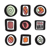 Set of hand drawn abstract geometric sushi doodle icons. Stylized different rolls. Asian food contour line drawing, limited palette clip art collection vector