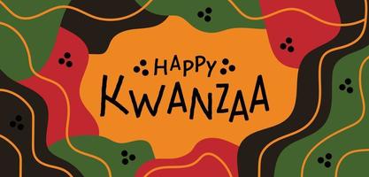 Happy Kwanzaa abstract horizontal long banner design with random bright red black green organic shapes in color of Pan African flag, lines border. Vector template for Kwanzaa African American