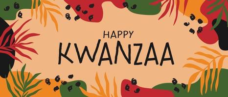 Happy Kwanzaa abstract bright colorful horizontal long banner design with random organic shapes, palm leaves. Vector template for Kwanzaa African American Celebration in USA