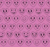 Seamless pattern background with Valentine hearts mascot characters. Different retro vintage face expressions. old cartoon comics groovy heart print. Backdrop with contour drawing doodle. wallpaper vector