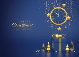 Merry christmas card. Watch with Roman numeral and countdown midnight, eve for New Year. Gold snowflake and stars on blue background. Gift box and golden pine fir cone shape spruce trees. Vector. vector