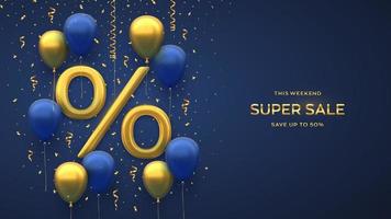 Sale banner design. Realistic gold 3D Percentage symbol with blue and gold fly helium balloons and falling confetti on blue background. Advertising poster or flyer. Realistic vector illustration.