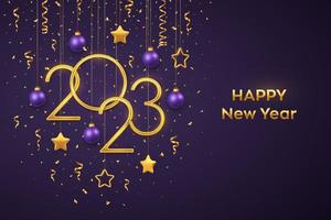 feliz año nuevo 2023. colgando números metálicos dorados 2023 con brillantes estrellas metálicas 3d, bolas, confeti sobre fondo morado. tarjeta de felicitación de año nuevo, plantilla de banner. ilustración vectorial realista. vector