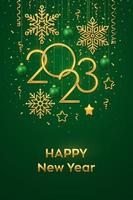 Happy New 2023 Year. Hanging Golden metallic numbers 2023 with shining snowflakes, 3D metallic stars, balls and confetti on green background. New Year greeting card or banner template. Vector. vector