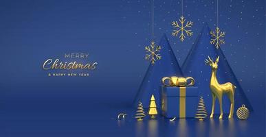 Christmas banner. Composition from gift box, gold deer, shining showflakes and ball, golden metallic spruce trees. New Year cone shape trees. Xmas background, greeting card. Vector 3D illustration.
