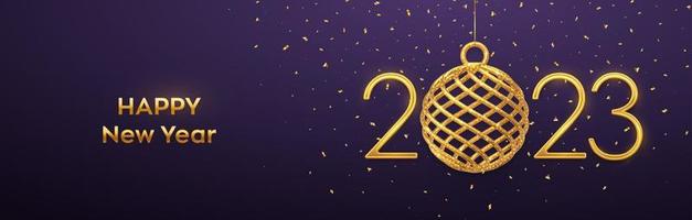 Happy New 2023 Year. Hanging Golden metallic numbers 2023 with shining 3D gold ball bauble and confetti on purple background. New Year greeting card, banner, header template. Vector illustration.