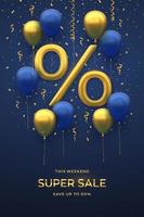 Sale banner design. Realistic gold 3D Percentage symbol with blue and gold fly helium balloons and falling confetti on blue background. Advertising poster or flyer. Realistic vector illustration.