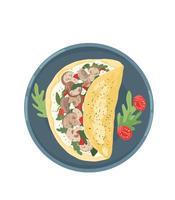 Omelet with mushrooms, tomatoes and lettuce. Omelet dish illustration for menu, instagram, web, cookbooks and magazines. vector