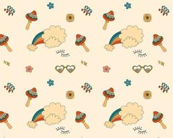 Retro 70s psychedelic seamless pattern, groovy hippie backgrounds. Cartoon funky print with flowers and mushrooms, hippy pattern vector set.