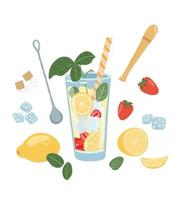 Recipe for lemonade with lemon strawberry and mint. Vector illustration of lemonade and fruit ingredients. Illustration for menus, advertisements, brochures