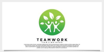 team work and leaf logo design with business card vector