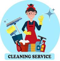 Cleaning service. Logo. Girl in bandana and glasses with cleaning supplies. Vector illustration.