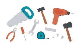 Set with tools. Drill, hammer, axe, screw, screwdriver, tape measure, ruler, saw, wrench and pliers. Vector illustration.