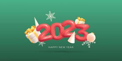 3d vector red 2023 number with white gift boxes, pine cone shape tree Merry Christmas and happy new year decoration banner design