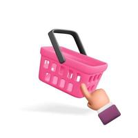 3d vector cartoon plastic render hand pointing gesture click on pink empty shopping cart basket side view mockup icon design