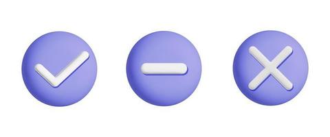 conjunto de icono de botón redondo violeta violeta vectorial 3d con diseño de elemento web de signo más menos y marca de verificación vector
