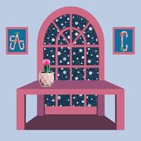 Room with a snowy window, a table and moon cactus in a ceramic pot vector