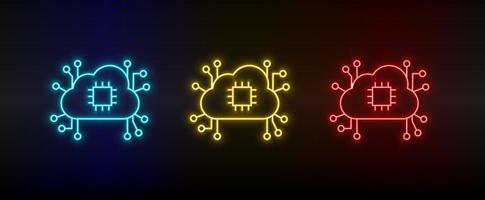 Neon icons. brain processor cloud network. Set of red, blue, yellow neon vector icon on darken background
