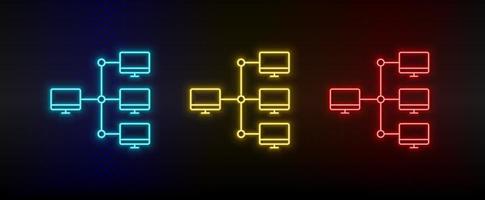 Neon icons. servers computers. Set of red, blue, yellow neon vector icon on darken background