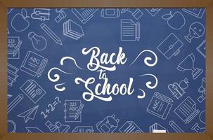 Back to School banner with texture from line art icons of education, science objects and office supplies on the blue background vector